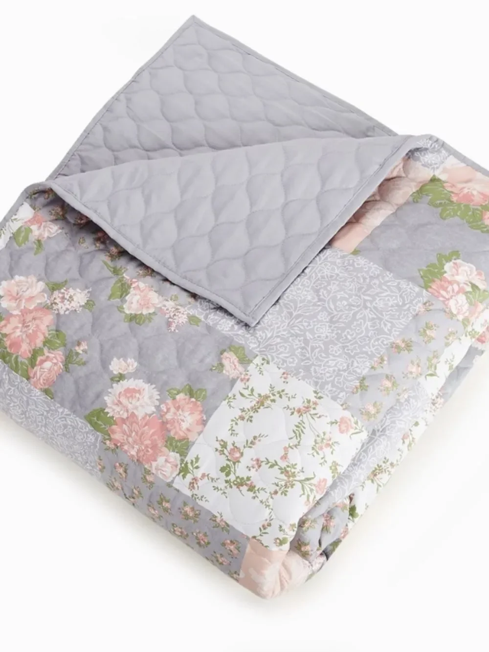 Cottage Patchwork Gray Pink Printed Queen Quilt Set English Garden